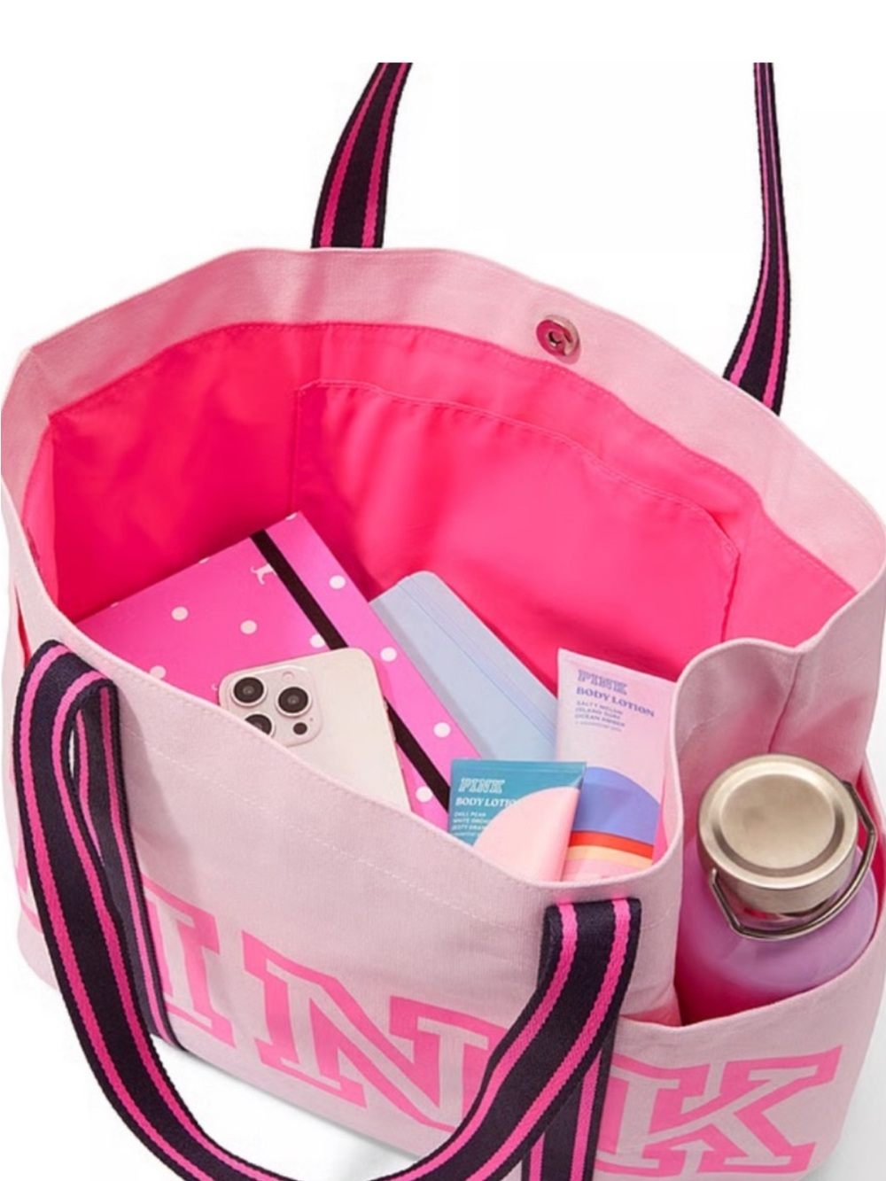 Pink Canvas Tote Bag with Striped Handles